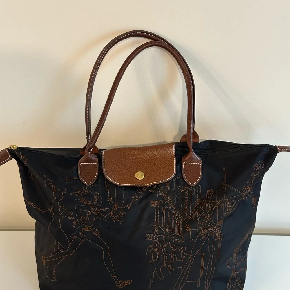 limited-edition Longchamp Le Pliage embroidered tote bag black and brown - Picture 4 of 12